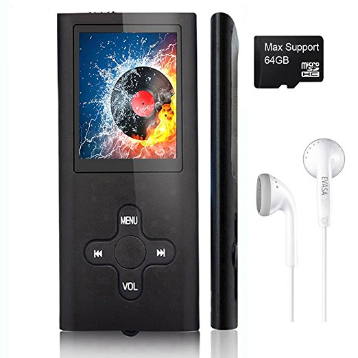 MP3 Player/Music Player,EVASA Portable Digital Music Player/Video/Voice record/FM Radio/E-Book Reader,Ultra Slim 1.8''Screen,TF card not included (Black2)