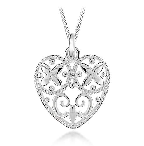 Tuscany Silver Sterling Silver Filigree Heart Pendant on Adjustable Curb Chain Necklace 41cm/16"-46cm/18"