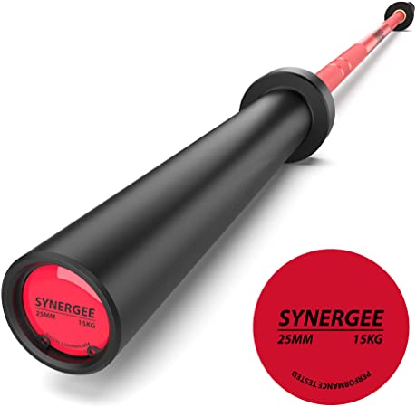 Synergee Games 15kg and 20kg Colored Cerakote Barbells. Rated 1500lbs for Weightlifting, Powerlifting and Crossfit. Black, Red, Grey, Pink