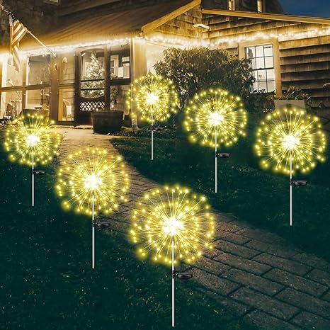 6-Pack Christmas Solar Garden Lights, 540 LED Solar Firework Lights Upgraded Solar Christmas Lights Outdoor Waterproof with 2 Lighting Modes for Garden, Patio, Yard, Christmas Decorations (Warm White)