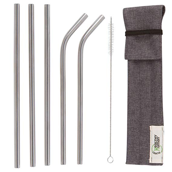 Healthy Human Reusable Stainless Steel Straws | Complete Portable Stainless Steel Straw Kit | 5 Straws - 3 Straight, 2 Curved | Includes Straw Cleaner and Travel Case | Great for Smoothies, Water