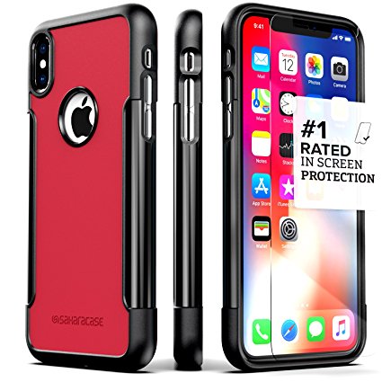 iPhone X Case, SaharaCase Classic Protection Kit with [ZeroDamage Tempered Glass Screen Protector] Slim Fit Anti-Slip Grip [Shockproof Bumper with Hard Back] iPhone 10 - Black Red