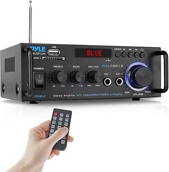 Pyle Wireless Bluetooth Stereo Power Amplifier - 200W 2 Channel Audio Stereo Receiver USA Warranty w/RCA, USB, SD, MIC in, FM Radio, for Home Theater Entertainment via RCA, Studio Use - Pyle PDA29BU