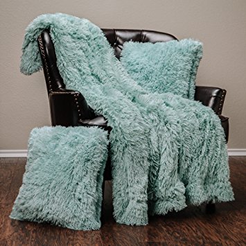 Chanasya Super Soft Long Shaggy Chic Fuzzy Fur Faux Fur Warm Elegant Cozy With Fluffy Sherpa Turquoise Aqua Throw Blanket (50" x 65") & two Pillow Covers ( 18"x 18") Set