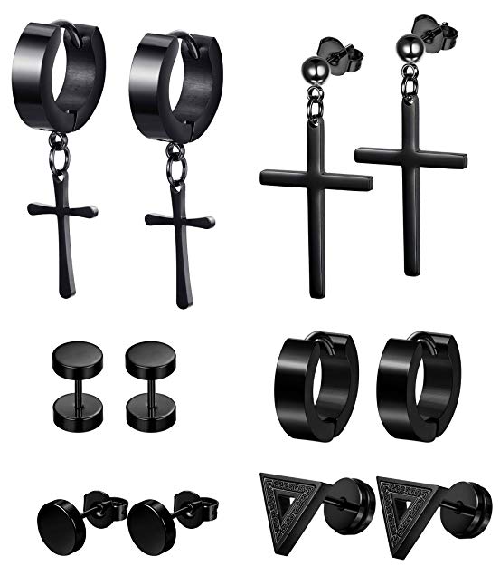 LOLIAS 6 Pairs Black Stud Earrings Hoop Earrings Set for Men Women Stainless Steel Huggie Earrings Piercing