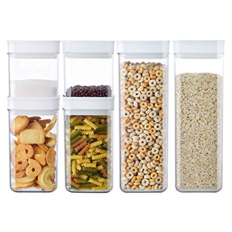 Ambergron Airtight Food Storage Container with Lids, 6 Pcs Set, Clear Plastic Stackable Food Organizer for Pantry, Cabinet, and Kitchen with Free Label and Pen, BPA-free