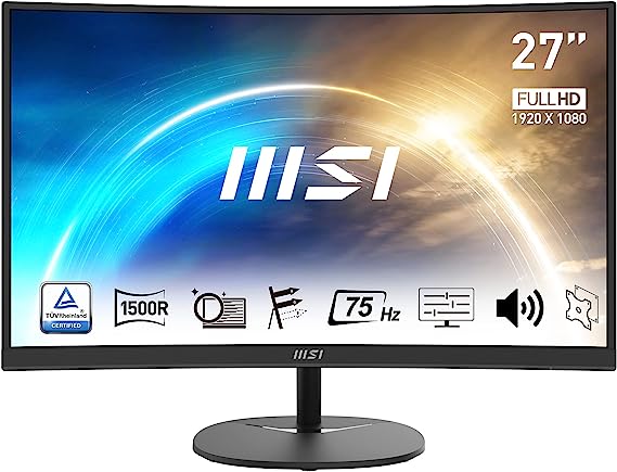 MSI PRO MP271CA 27" Curved Monitor, 1500R, FHD (1920 x 1080), 75Hz, VA, 4ms, FreeSync, HDMI, DisplayPort, Speakers, Anti-Glare, Anti-Flicker, Less Blue light, TÜV Certified, VESA