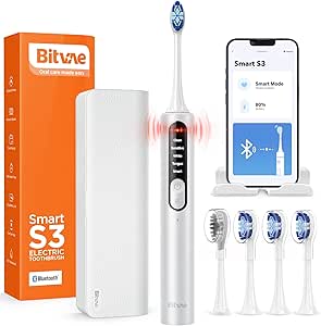 Bitvae Smart S3 Sonic Electric Toothbrush for Adults, 180-Day Battery Life Rechargeable Electric Power Toothbrush with Pressure Sensor, Travel Case, Silver White