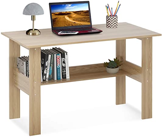 Lovinouse Modern Computer Desk, Wooden Home Office Desk with Bookshelf, Simple Style Study Writing Desk with Storage Shelf, Laptop Table Workstation for Living Room (Maple, 39 Inch)