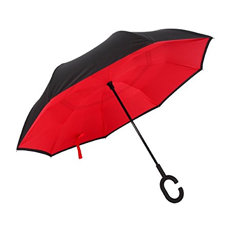 Windproof Uv protection Reverse Folding Double Layer Inverted Umbrella Travel Umbrella and Self Standing Inside Out Rain Protection Umbrella with C-shaped Hands Free Handle