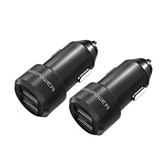 2-Pack RAVPower Dual USB Car Charger (4.8A/24W, iSmart Charging, Built-in Safety Protection) for Smartphones, Tablets and More - Black