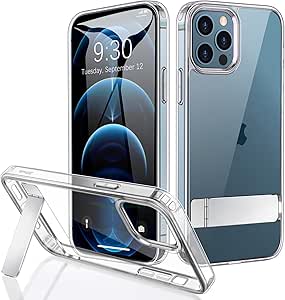 JETech Case for iPhone 12 Pro Max 6.7-Inch with Stand, Support Wireless Charging, Slim Shockproof Bumper Phone Cover, 3-Way Metal Kickstand (Clear)