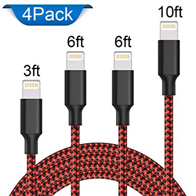 Lightning Cable,ONSON Charger Cables 4Pack 3FT 6FT 6FT 10FT to USB Syncing and Charging Cable Data Nylon Braided Cord Charger for iPhone 7/7 Plus/6/6 Plus/6s/6s Plus/5/5s/5c/SE and more (Black&Red)