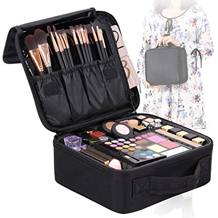 Valdler Makeup Bag Portable Cosmetic Organizer With Removable Divider Water Proof Multifunction Black (Medium)