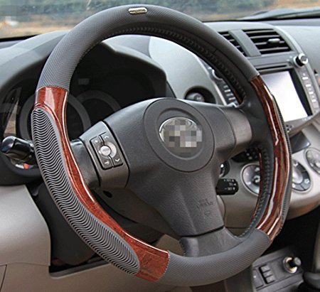 Moyishi Top Leather Steering Wheel Cover Universal Fit Soft Breathable Steering Wheel Wrap (Gray Wood)