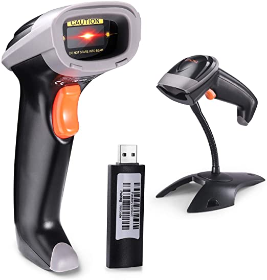 Wireless Barcode Scanner 328Ft Transmission Distance 1D USB Laser Automatic Handheld Bar Code Reader with Stand, 2.4G USB Receiver,Trigger/Auto Continuous Scan for Store, Market, Warehouse, Library