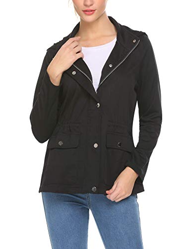 Beyove Women Hooded Drawstring Waist Jacket Patchwork Lightweight Coat Zipper Button Trench Coats Pocket