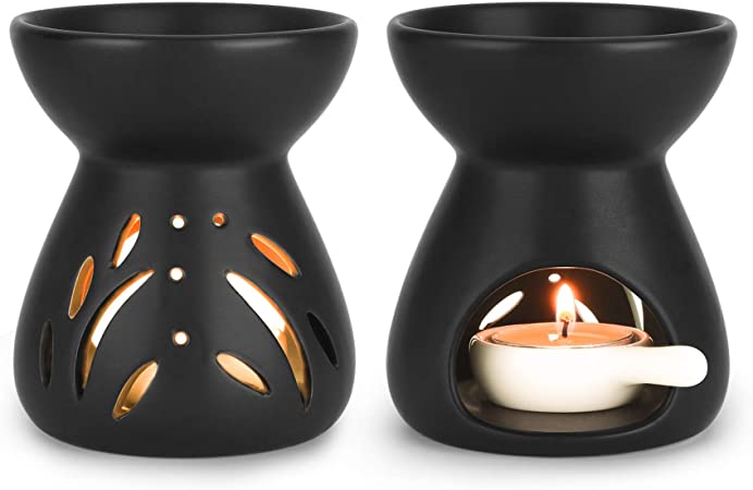 ComSaf Essential Oil Burners Ceramic Black Set of 2, Scented Wax Melt Warmer with Tealight Candle Holder Decorative Aromatherapy Burner for Home Office Birthday Wedding Gift