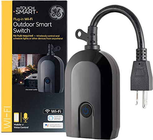GE myTouchSmart WiFi Smart Light Switch Outdoor Plug-In, Works with Alexa, Google Assistant, Weather-Resistant, Preset & Custom Programming, No Wiring Required, No Hub Needed, Black, 45408