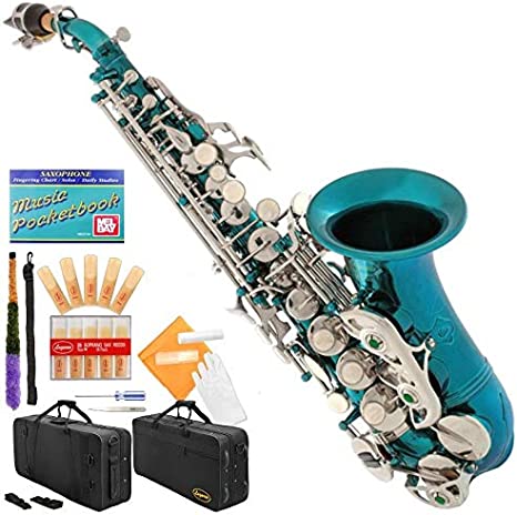 Lazarro Sea Blue-Silver Keys Bb B-Flat Curved Soprano Saxophone Sax Lazarro 11 Reeds,Care Kit~24 COLORS Available-330-SB