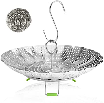 Vegetable Steamer Basket Stainless Steel Steamer Insert for Steaming Veggie Food Seafood Cooking, Metal Handle Foldable Legs, Collapsible to Fit Various Pot Pressure Cooker (7.1" to 11")