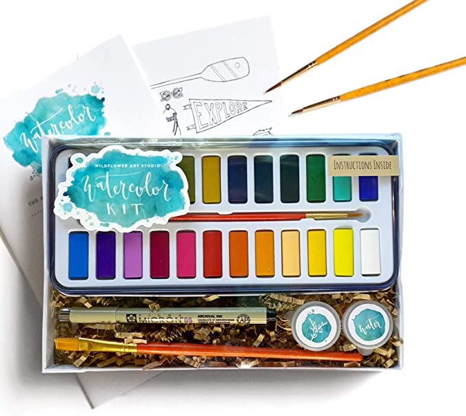 DIY Watercolor Kit for Beginners - Includes Project Guides & Detailed Instructions - Wildflower Art Studio's Signature "Watercolor Class in a Box"