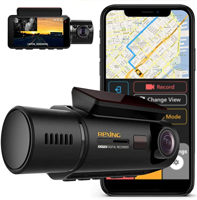 Rexing V3 Dual Camera Front and Inside Cabin Infrared Night Vision UHD 2160p WiFi Car Taxi Dash Cam with Built-in GPS, Supercapacitor, 2.7" LCD Screen, Parking Monitor, Mobile App