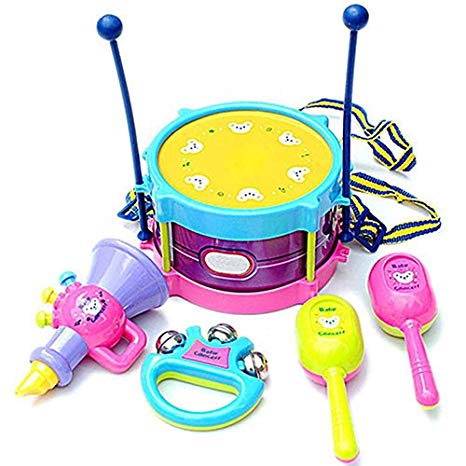 Bluelans 5pcs/Set Children Kids Baby Roll Drum Handbell Musical Instruments Band Kit Educational Toys or Kids Boys Girls Xmas Gifts Xmas Stocking Fillers Party Bag Gifts