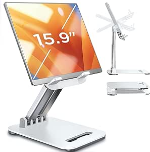 LISEN Tablet Stand for iPad Stand Holder Desk, Foldable iPad Pro Holder Portable Monitor Stand, Computer Office Desk Accessories for iPad Kindle Stand 2024 iPad Mini 7 iPhone 4-15.9" White