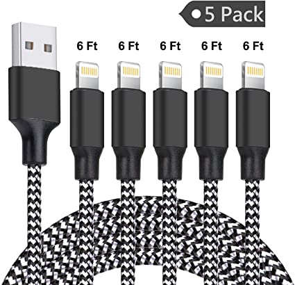 iPhone Charger,Live2Pedal Lightning Cable 6Feet 5Pack Nylon Braided USB Charging Cable High Speed Data Sync Transfer Cord Compatible with iPhone 11/11 Pro Max/XS MAX/XR/XS/X/8/7/Plus/6S/iPad