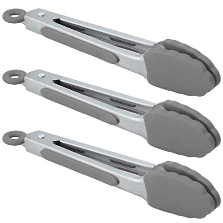 HINMAY Mini Tongs with Silicone Tips 7 Inches stainless steel Appetizer Tongs, Set of 3 (Gray)