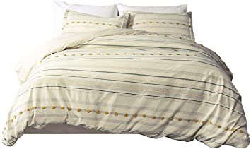 PHF Boho Yarn Dyed Cotton Duvet Cover Set Queen Size, Winter Soft Bohemian Bedding with Button Closure & Corner Ties Ivory