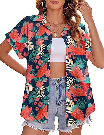 Zeagoo Women's Hawaiian Button Down Shirts Casual Short Sleeve Floral Tropic Print Summer Blouse Tunic Top