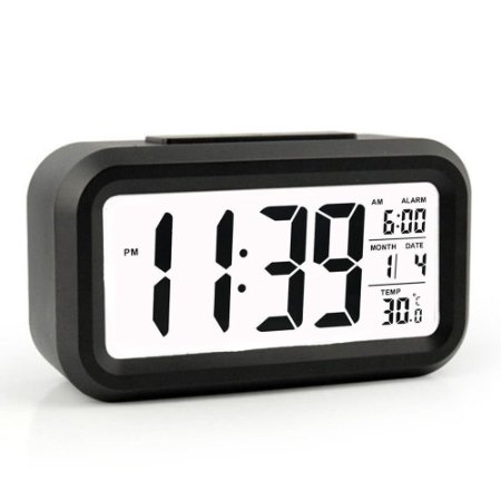 Alarm Clock HeQiao LED Clock Slim Digital Alarm Clock Large Display Travel Alarm Clock with Calendar Battery Operated for Home Office Temperature Display Snooze Function Smart Back-light-Black