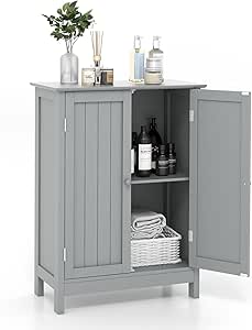 COSTWAY Bathroom Storage Cabinet, Freestanding Bathroom Storage Organizer with Doors & Adjustable Shelf, Wooden Floor Cabinet for Living Room, Bathroom, Entryway, Kitchen (Grey)