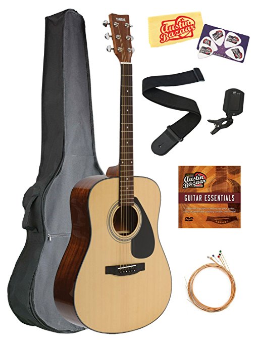 Yamaha Acoustic Guitar Bundle with Gig Bag, Tuner, Strap, Strings, Austin Bazaar Instructional DVD, Picks, and Polishing Cloth - Natural