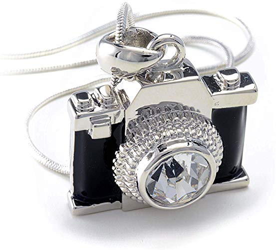 PammyJ Silvertone Camera Pendant Photography Crystal Necklace, 18"