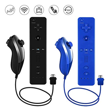 Lactivx 2 Packs Nunchuck and Wii Remote Controller Compatible with Nintendo Wii Wii U Console - with Silicone Case and Strap (Deep Blue and Black)