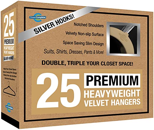 Closet Complete PREMIUM Quality, True-Heavyweight, 80-gram, Virtually-UNBREAKABLE Velvet Hangers, Ultra-Thin, Space Saving No Slip Suit Hangers, 360° SPINNING, CHROME Hooks, CAMEL, Set of 25