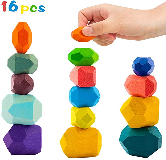 16 Pcs Wooden Stone Balancing Blocks- Colorful Wood Stone Building Blocks Natural Rainbow Balancing Stacking Game Rock Blocks for Kids Educational Toys