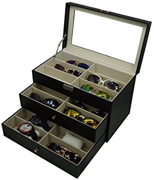 Holding 6 Watches and 12 Glasses, or 18 Glasses, Sunglasses Box Eyewear Watch Accessories Display Storage Case Organizer