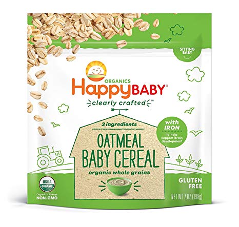 Happy Baby Organic Clearly Crafted Cereal Whole Grains Oatmeal, 7 Ounce Bags (6 Count) Organic Baby Cereal in a Resealable Pouch with Iron to Support Baby's Brain Development a Great First Food