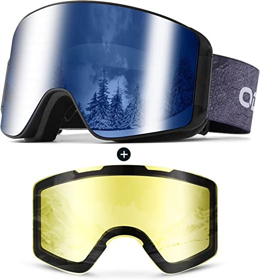 Odoland Ski Goggles with Detachable Lens, Frameless Interchangeable Lens Anti-Fog 100% UV Protection Snowboard Snow Goggles