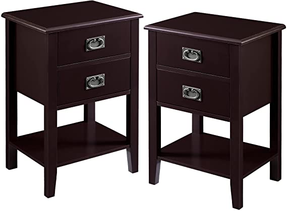 VECELO Nightstands Set of 2 End/Side Tables Living Room Bedroom Bedside, Vintage Accent Furniture Small Space, Solid Wood Legs, Two Drawers, Black Walnut