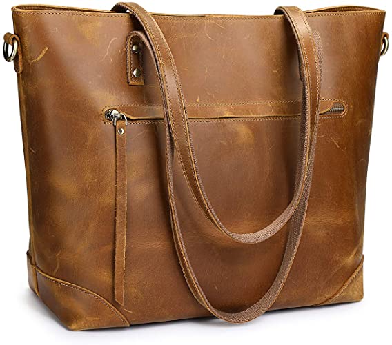 S-ZONE Vintage Genuine Leather Shoulder Laptop Bag Work Totes for Women Purse Handbag with Back Zipper Pocket