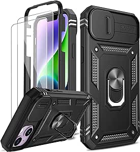 LeYi for iPhone 14 6.1'' Case with Camera Cover Slider, 360° Full Body Armour Military Protective Shockproof Phone Cover | 2 Pack Tempered Glass Screen Protector | Ring Stand Holder | Black