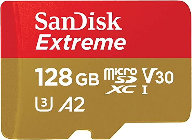 SanDisk 128GB Extreme microSDXC UHS-I Memory Card with Adapter - C10, U3, V30, 4K, 5K, A2, Micro SD Card - SDSQXAA-128G-GN6MA