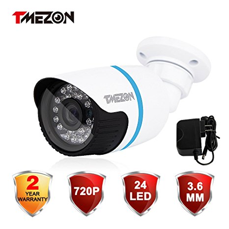 TMEZON 1.0 Mega Pixel 720P 1280720P HD-IP Weatherproof Outdoor Network ONVIF IP Security Surveillance IR Cut Camera 24IR LEDs 65ft Day Night Bullet for NVR System Phone Remote View w/1A adapter