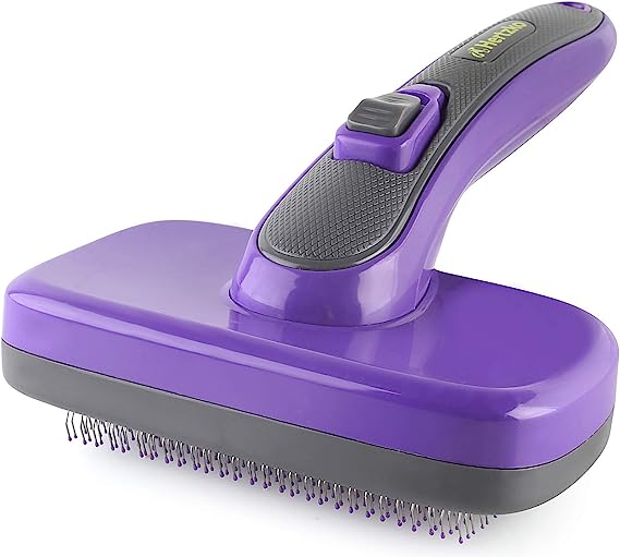 HERTZKO Self Cleaning Slicker Brush with Plastic Tips for Sensitive Dogs and Cats. Gently Removes Loose Fur, Undercoat, Mats, and Tangled Hair. Safe and Painless for Your Pet. Large