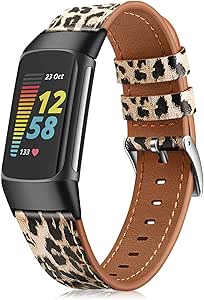 Fintie Bands Compatible with Fitbit Charge 6/5, Genuine Leather Band Replacement Accessories Strap Wristband